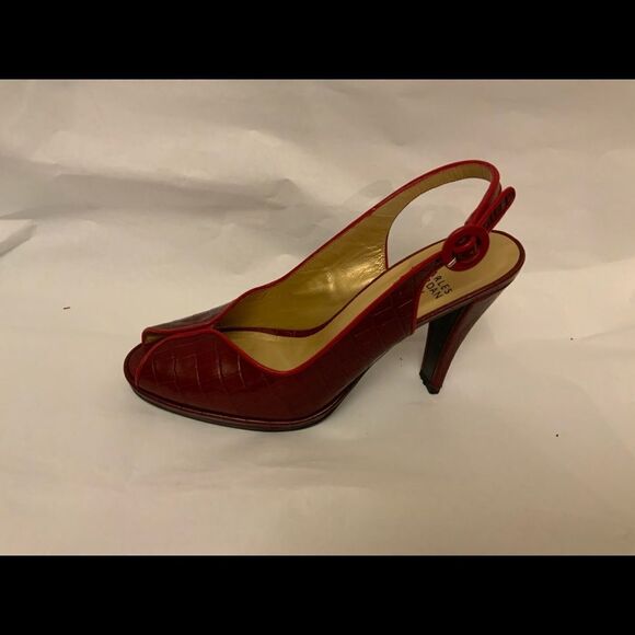Charles Jourdan Red Alligator Print Peep Toe Heels  Size 5-1/2 M - Picture 2 of 10